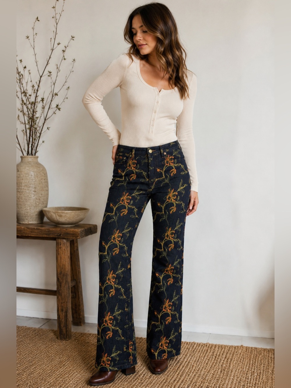 Raw Denim Floral Embroidered Bootcut Jeans 8 Boho Western Artsy Doncaster Sport
